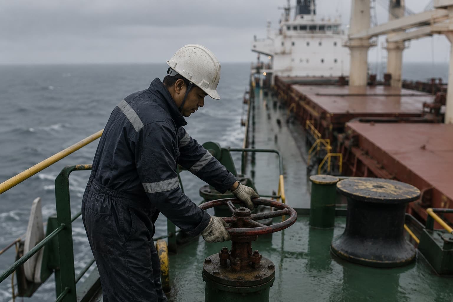 Seafarer working on deck during routine maintenance